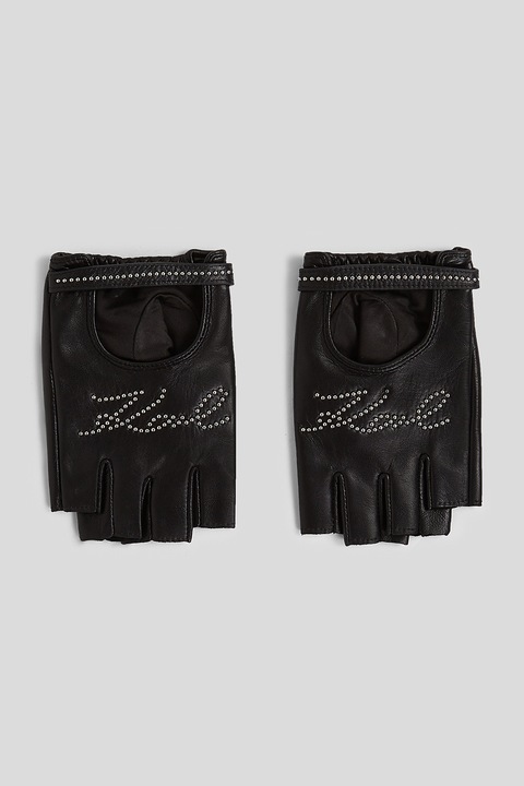 Karl Lagerfeld, Manusi de piele cu aplicatii de nituri si degete decupate, Negru, 21 CM