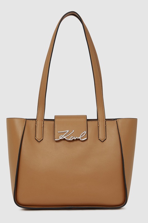 Karl Lagerfeld, Geanta din piele cu bareta de umar si logo metalic, Maro scortisoara