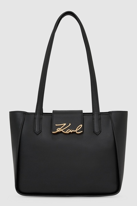 Karl Lagerfeld, Geanta din piele cu bareta de umar si logo metalic, Negru