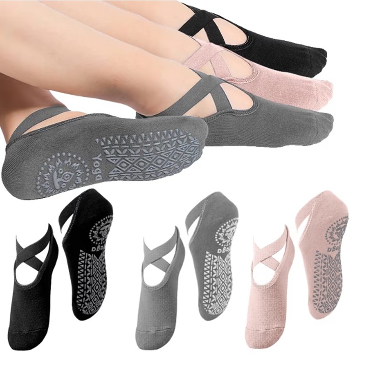 Set de 3 perechi de sosete antiderapante, ZOUN, sosete de nava, potrivite pentru fitness, yoga, balet, dans, marime 35-40, bumbac, mai multe culori