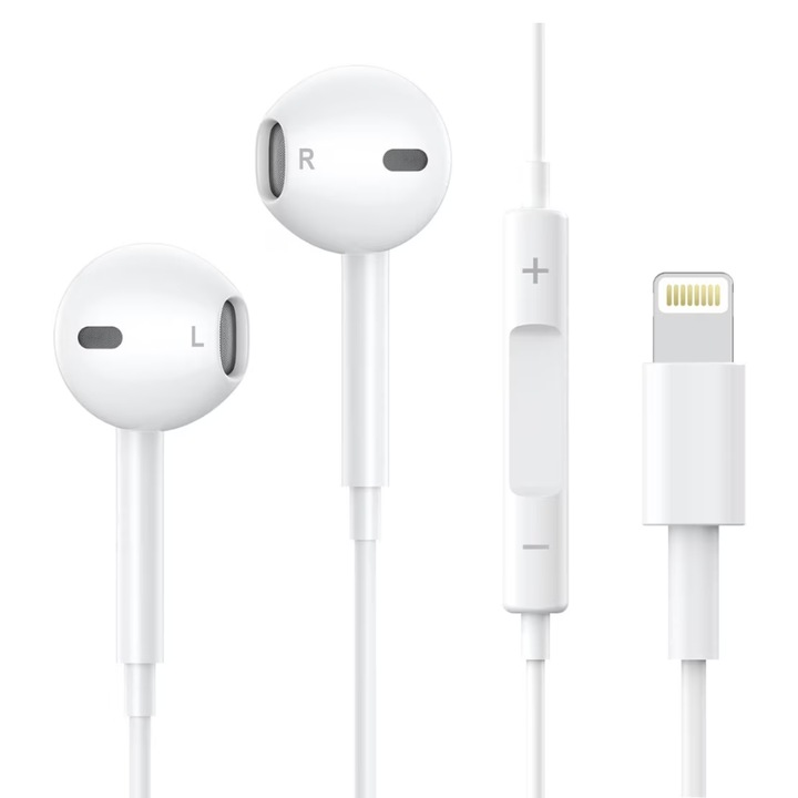 Vezetékes, fülbe helyezhető fejhallgató, Apple termékekkel kompatibilis, Lightning Jack típusú, beépített mikrofon, sztereó hangzás, fehér