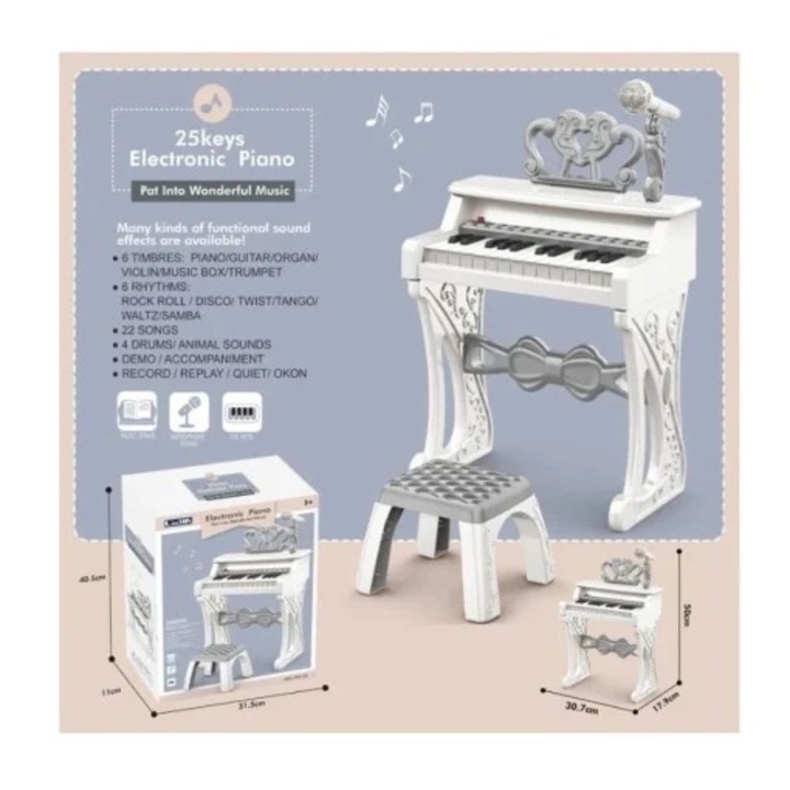 Gyerekzongora, székkel, mikrofonnal és 25 billentyűvel, 22 dallal, felvételi és lejátszási funkcióval, fehér-szürke