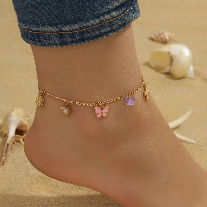 Bratara de picior, aurie, din otel inoxidabil, suflata cu aur 18k, cu inimioare si fluturas, Adolfina C4