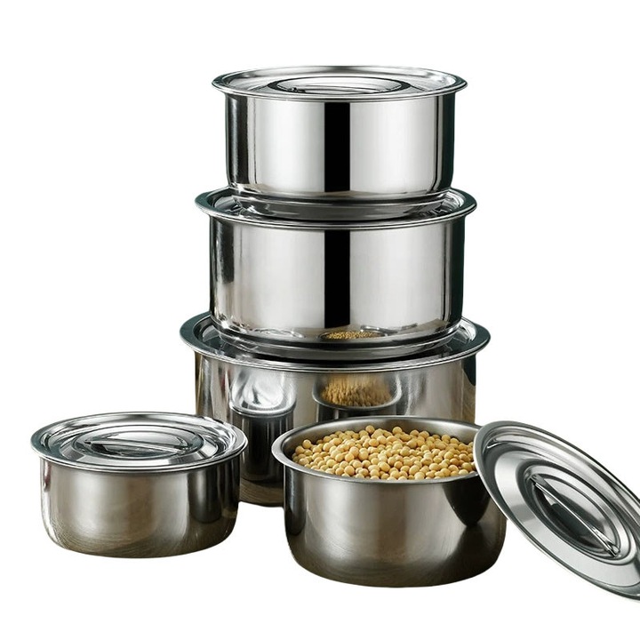 Set de oale din inox cu capac, 10 piese, 15-23 cm, argintiu, stivuibile