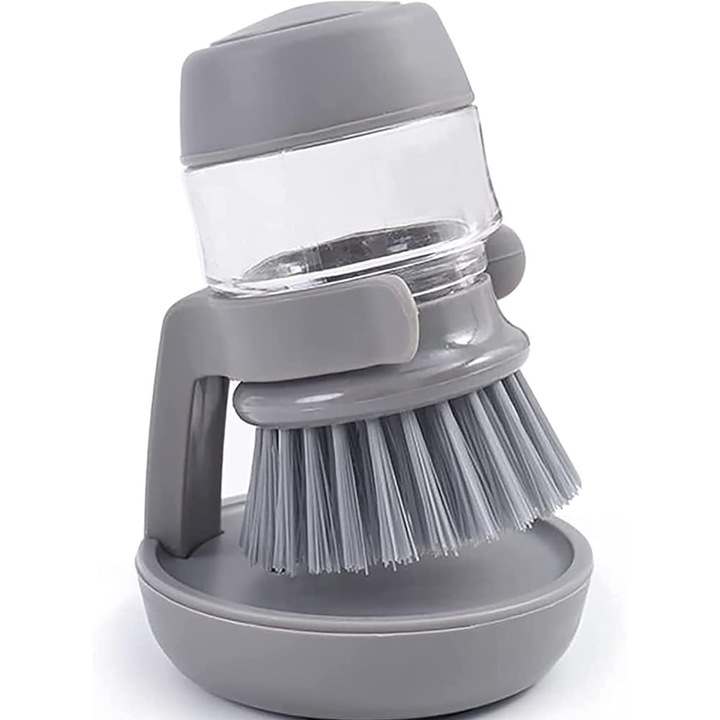 Perie de spalat vase, dozator de sapun multifunctional 3 in 1 (suport incorporat inclus), curatare usoara pentru vase/oale/chiuveta/birou, indispensabil in bucatarie, gri