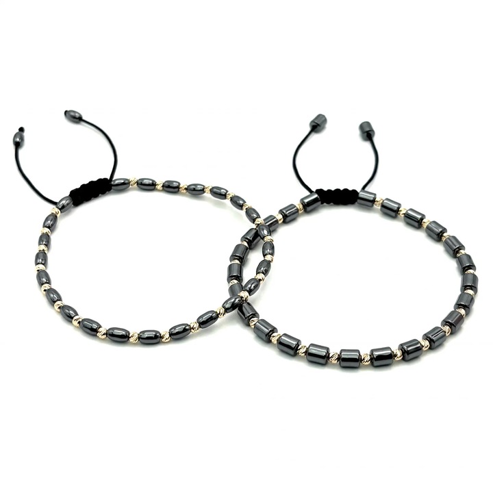 Set doua Bratari cu bile din AUR 14K si Hematit, reglabile, barbat