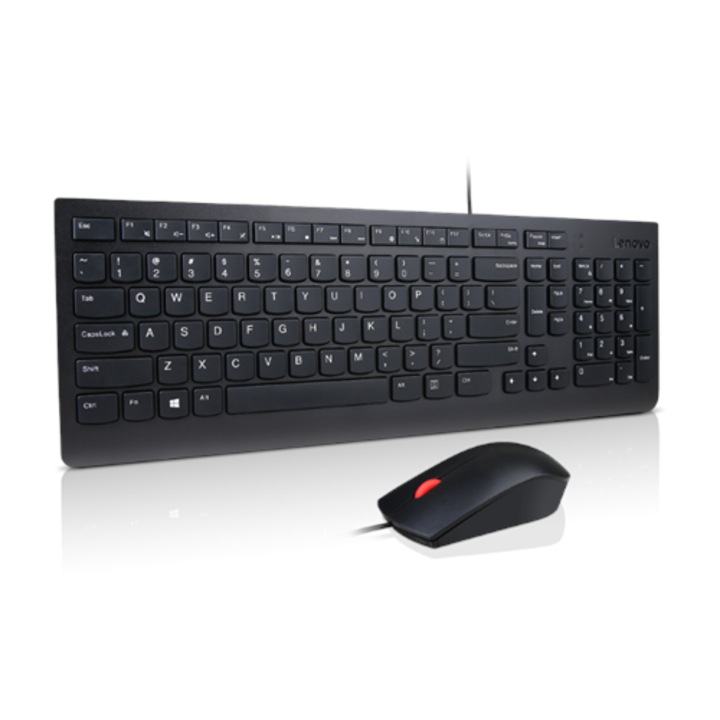 Комплект клавиатура и мишка Lenovo Essential, черен, USB, 1600 DPI, водоустойчив дизайн