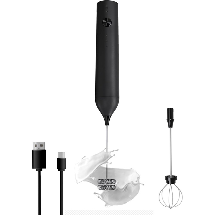 2 в 1 миксер за разпенване на мляко, Nicerpro, USB акумулаторна батерия, 2 глави, 3 скорости, супер преносим, за капучино, макиато, Ness Cafe, горещ шоколад, черен