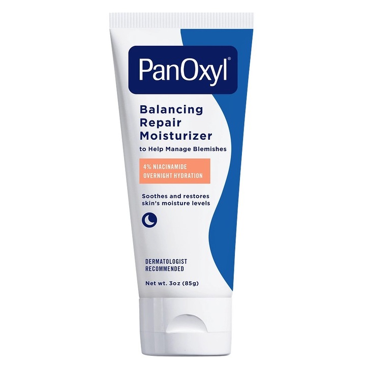 Arckrém, PanOxyl, Kiegyensúlyozó és Javító Hidratálókrém, Aknéra hajlamos Bőrre, Éjszakai Bőrhidratálás, 4% Niacinamiddal, Nem Komedogén, Parfümmentes, 85gr