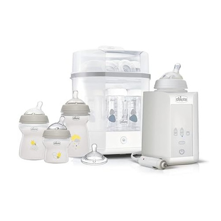 Set de inceput Chicco – Sterilizator electric, incalzitor pentru biberoane si set de biberoane, 3 biberoane Natural Feeling cu silicon moale