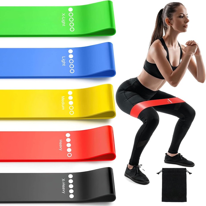 Benzi de Rezistenta Sport (Set 5 Buc) - Pentru Fitness, Yoga, Pilates｜Benzi Elastice Antifractura pentru Glutei, Picioare, Brate｜Ideala Antrenament Acasa & Recuperare Medicala