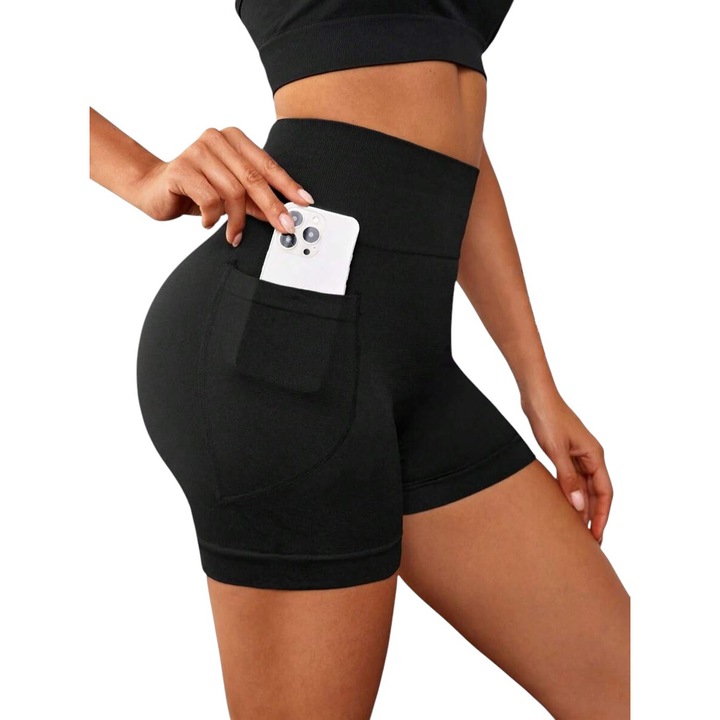 Női sportnadrág zsebbel, magas derekú, push-up hatású, rugalmas, fekete - XS 877, Fekete