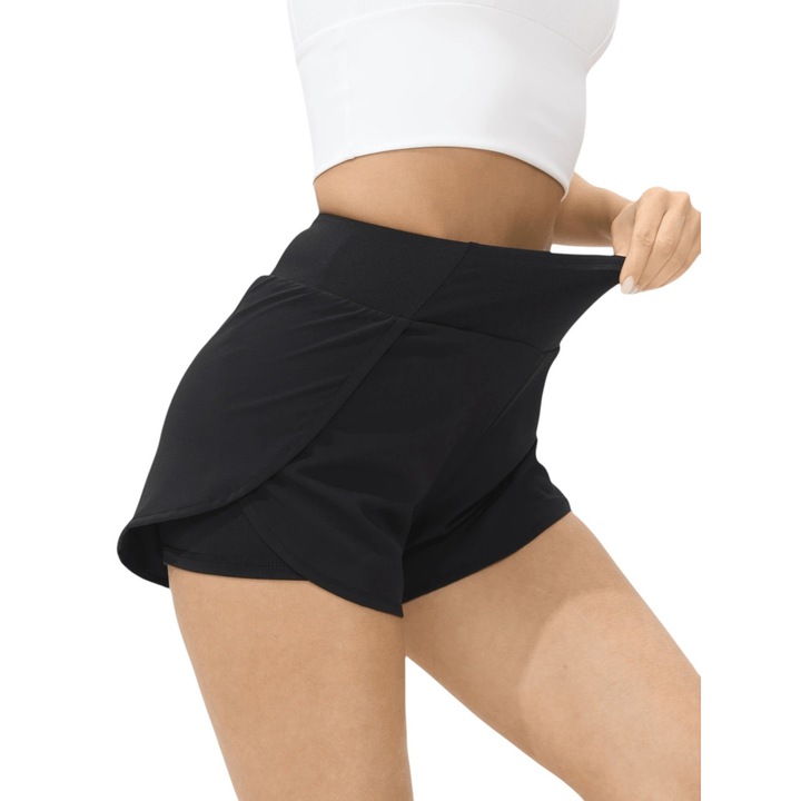 Pantaloni scurti dubli, sport dama, 2 in 1, cu buzunar interior si talie inalta, Negru - S