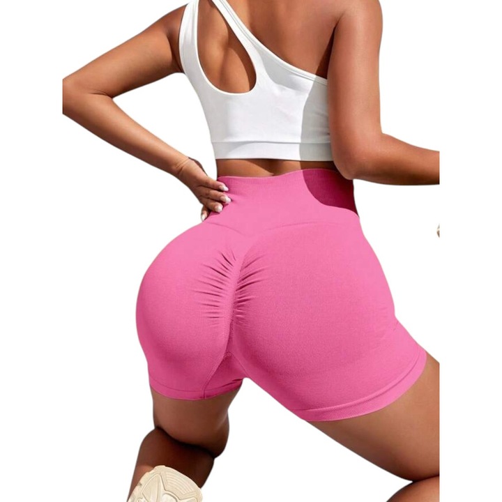 Pantaloni scurti sport dama, push-up scrunch, efect vizibil de lifting fesier, talie inalta, Negru - S 884, Roz