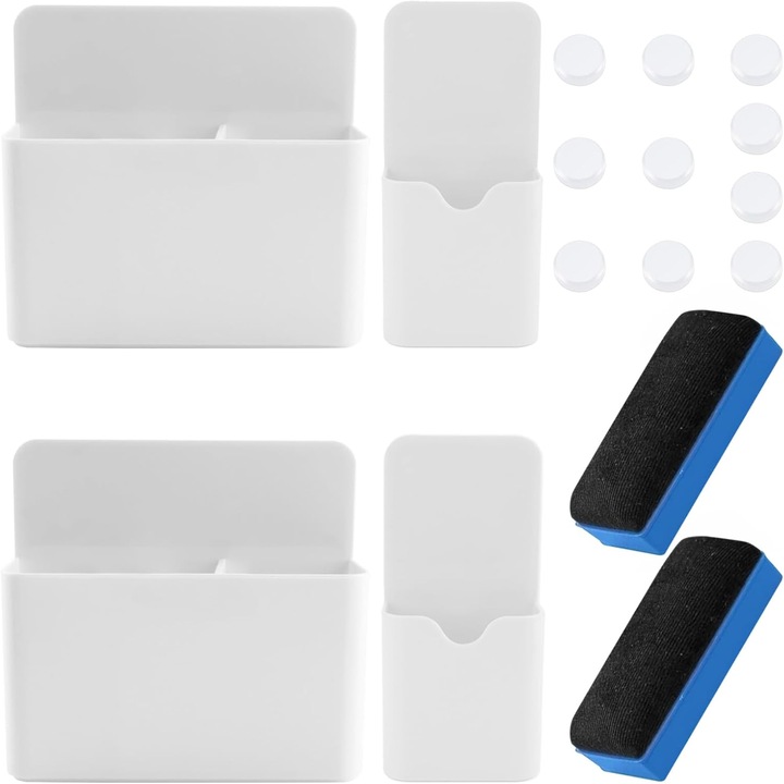 Hasznos mágneses táblához való készlet, 4 db mágneses kiegészítőtartó, 2 db mágneses radírszivacs, 10 db mágnes, fehér