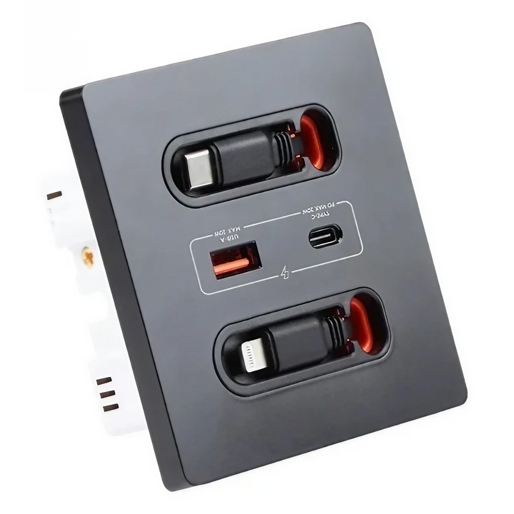 RR-LUX Multifunkciós Tápcsatlakozó, Kettős USB A + C Típusú Töltőmodul, Alkalmas Otthonra, Szállodákba, Konferenciatermekbe vagy Irodákba, Gyors Töltés USB C Típusú, Lightning, Két Hosszabbítókábel, Teljesítmény 20W, 230V, Fekete