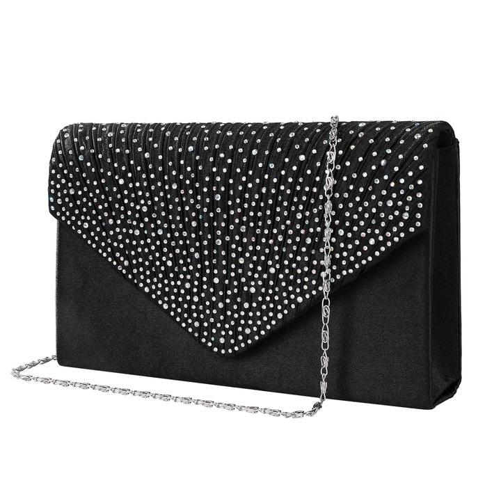Maoxintek Satin Pochette Mariage Soirée Sac À Main Bandouliere Pour Femme Pour Fête Cocktail Mariage Cadeau, Élégant Enveloppe Bourse Chaine Diamant Pour Dame Fille, Noir