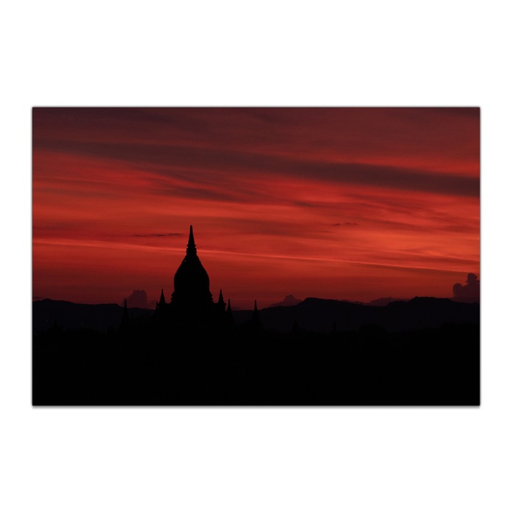Tablou Canvas Silueta Pagoda la Apus, Old Bagan, Myanmar, Burma, Crepuscul, Natura, Budism, Siluete, 30x40 cm