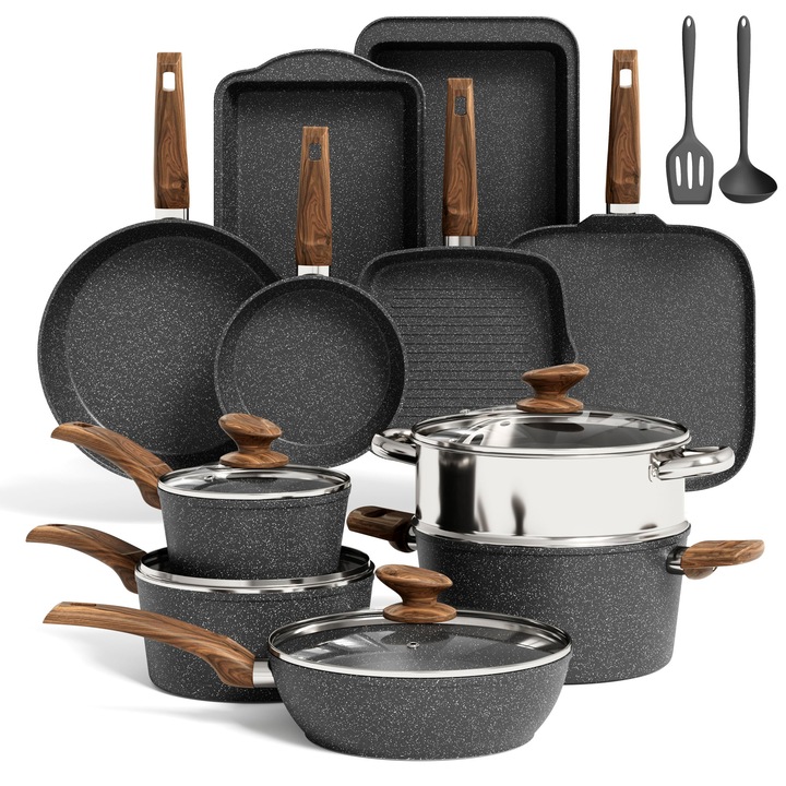 Set De Oale Cu Inductie Kitchen Academy, 17 Piese, Set De Oale Cu Capace De Sticla, Set De Oale Si Tigai Din Granit, Negru