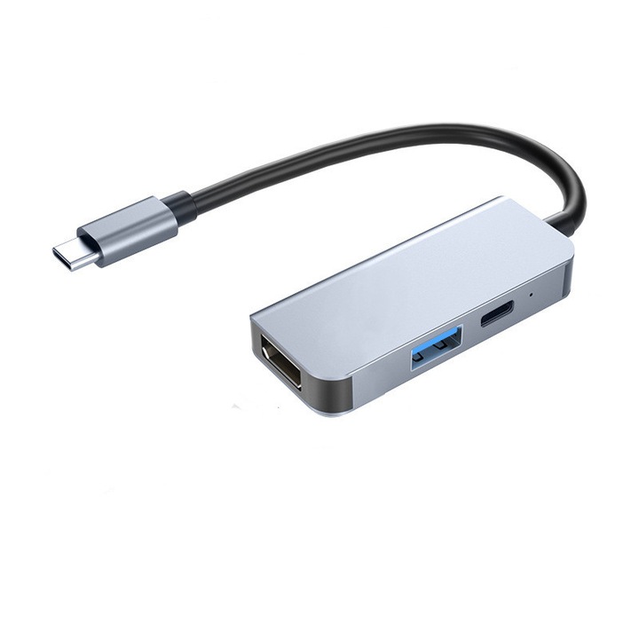 Statie de andocare, Type-C la HDMI+VGA+USB3.0+USB2.0*2+PD, 4K, 0.25m, argintiu