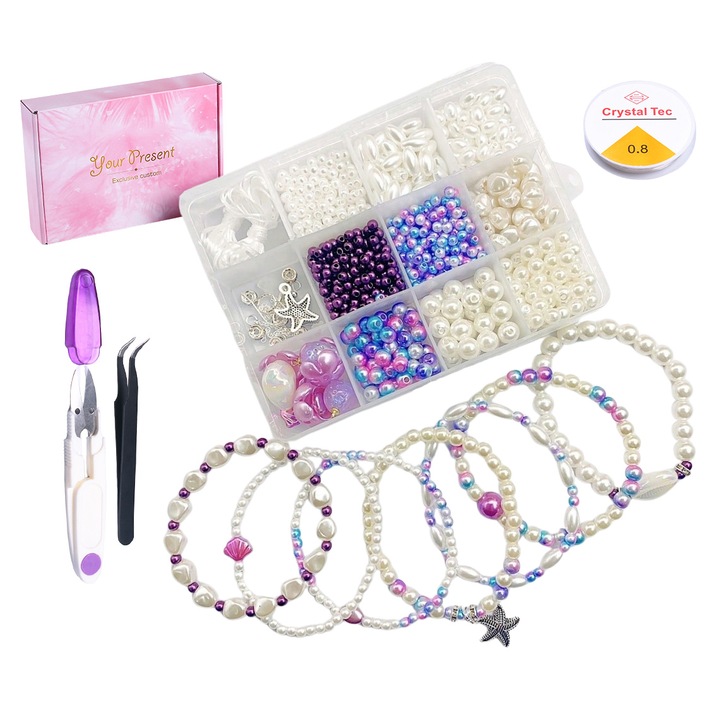 Set margele DANATI, pentru Fabricare Bratari, Perle, Alb, Mov, Roz, 500 buc, 1 cutie Roz, 1 rola, penseta, si 1 foarfeca