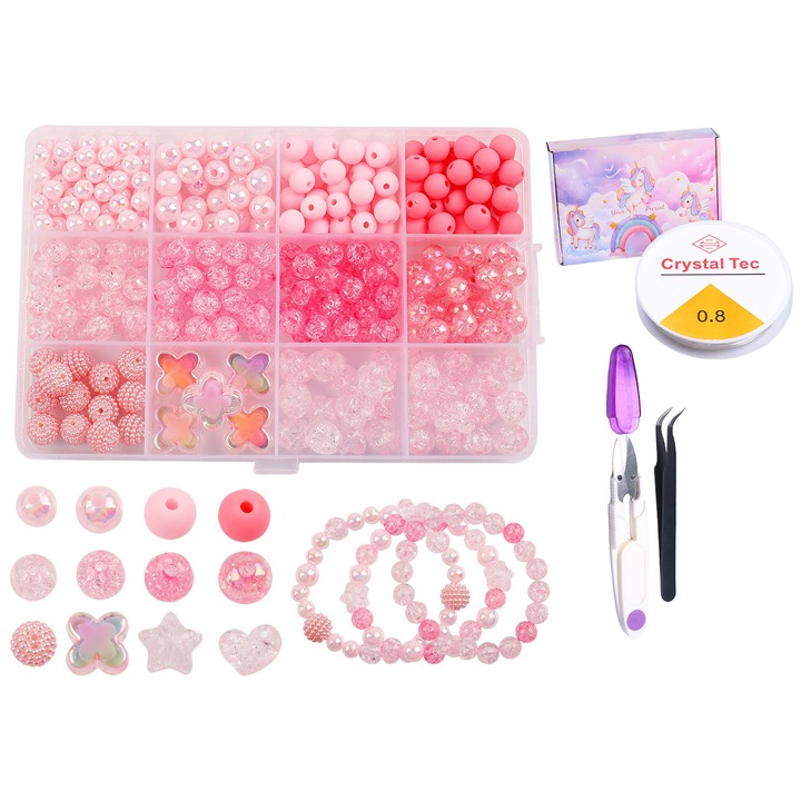 Set margele Danati™, pentru Fabricare Bratari, Perle Roz 400 Bucati, 1 cutie Unicorn, 1 Rola de 0.8, 1 Penseta si 1 Foarfeca