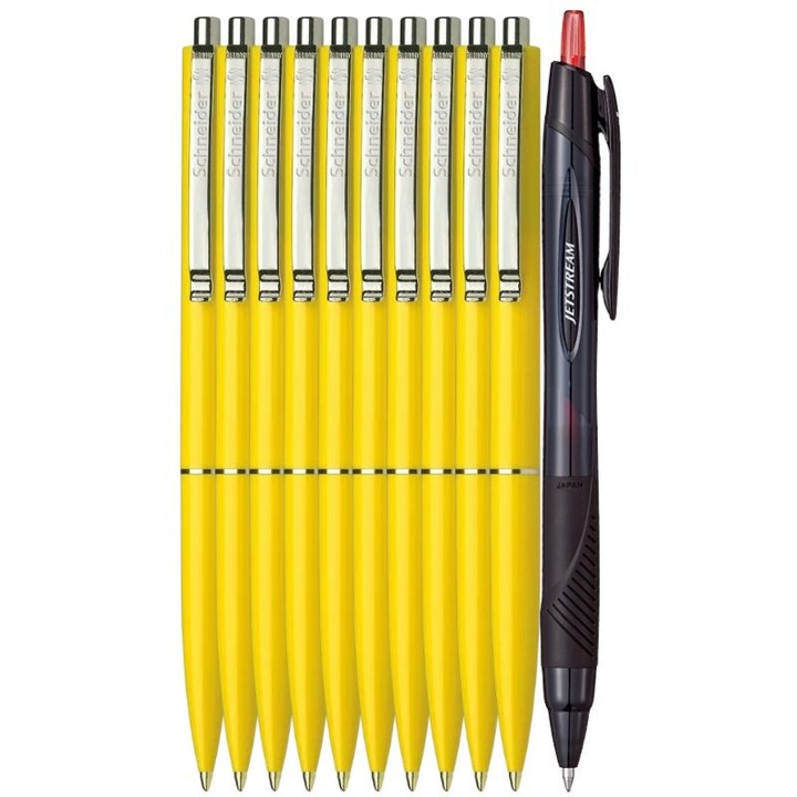Set Premium - 10 Pixuri Schneider cu mecanism retractabil - Galben, Scriere Albastra si Pix Jetstream