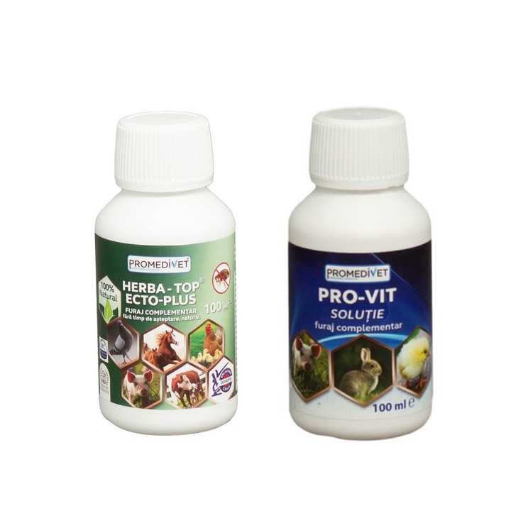 Pachet HERBA-TOP ECTO-PLUS natural, utilizat in apa de baut, cu extracte de plante medicinale pentru infestatii cu pureci si paduchi la toate speciile de animale, 100ml si Complex de Vitamine Pro-Vit, Buvabil, pentru intarirea sistemului imunitar, 100ml