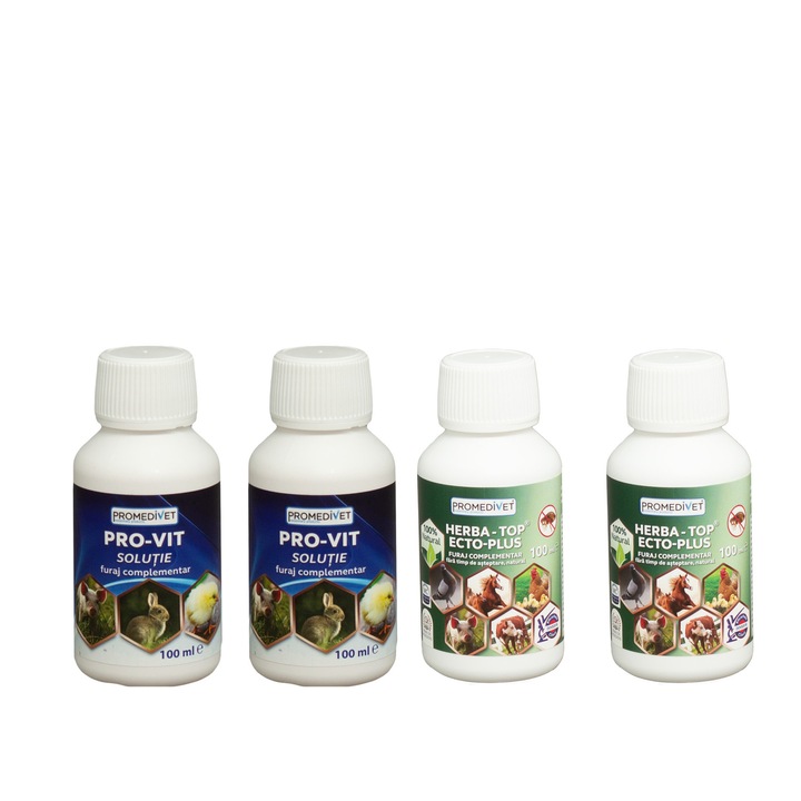 Pachet HERBA-TOP ECTO-PLUS natural, utilizat in apa de baut, cu extracte de plante medicinale folosit in infestatii cu pureci si paduchi la toate speciile de animale, 2x100ml si Complex de Vitamine Pro-Vit, Buvabil, intarirea sistemului imunitar, 2x100mlx