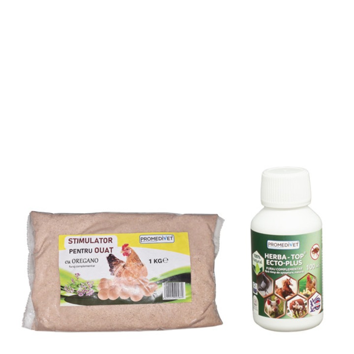 Pachet HERBA-TOP ECTO-PLUS concentrat natural, utilizat in apa de baut, cu extracte de plante medicinale in infestatii cu pureci si paduchi la toate speciile de animale, reducand stresul colectiv la pasari, 100ml si Stimulator pentru Ouat cu Oregano, 1kg