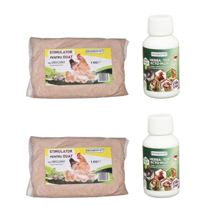 Pachet HERBA-TOP ECTO-PLUS concentrat natural, utilizat in apa de baut, cu extracte de plante medicinale in infestatii cu pureci si paduchi la toate speciile de animale, reducand stresul colectiv la pasari, 200ml si Stimulator pentru Ouat cu Oregano, 2kg