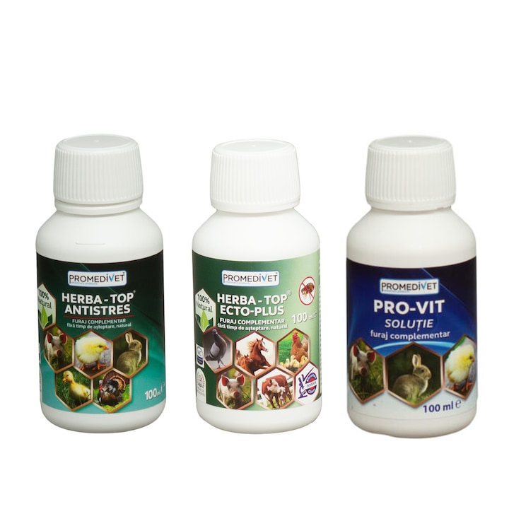 Pachet Complex de Vitamine Pro-Vit, Buvabil, pentru intarirea sistemului imunitar, 100ml, Herba–Top Antistres sustine sistemul nervos, 100ml si HERBA-TOP ECTO-PLUS cu plante medicinale, in infestatii cu pureci si paduchi la toate speciile de animale si