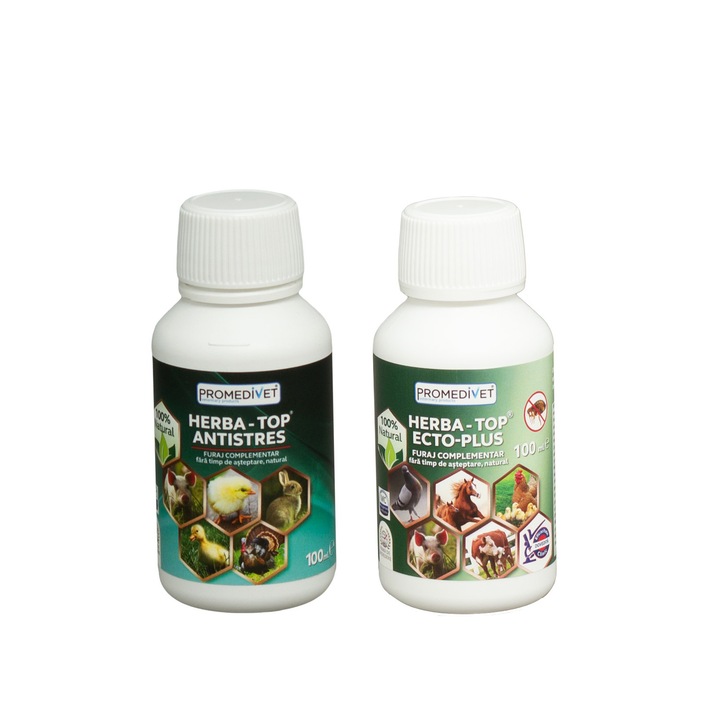 Pachet HERBA-TOP ECTO-PLUS concentrat natural, utilizat in apa de baut, cu extracte de plante medicinale in infestatii cu pureci si paduchi la toate speciile de animale, 100ml si HERBA-TOP ANTISTRES cu plante medicinale sustine sistemul nervos, 100ml