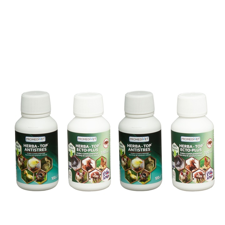 Pachet HERBA-TOP ECTO-PLUS concentrat natural, utilizat in apa de baut, cu extracte de plante medicinale in infestatii cu pureci si paduchi la toate speciile de animale, 2x100ml si HERBA-TOP ANTISTRES cu plante medicinale sustine sistemul nervos, 2x100ml