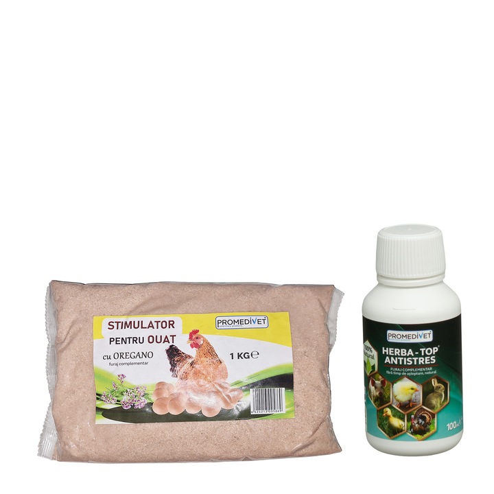 Pachet Herba–Top Antistres cu extracte de plante medicinale, sustine sistemul nervos si functia psihica, contribuind la gestionarea situatiilor stresante la toate speciile de animale, 100ml si Stimulator Pentru Ouat Cu Oregano, Promedivet, 1 kg