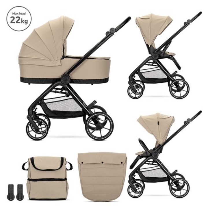 Carucior Set 2 in 1, Lorelli, Venice, cos landou individual pentru nou-nascut, set de adaptori auto inclus, geanta accesorii tip rucsac, cadru din aluminiu, sezut reversibil, pana la 22 kg, Beige