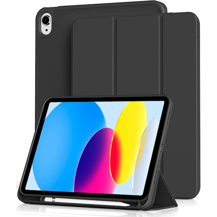 Védőtok iPad (A16) 11. generációs 11 hüvelykes 2025-höz, tok iPad 10. generációs 10.9 hüvelykes 2022-höz, tolltartóval, okostok háromrészes állvánnyal, ultravékony, puha TPU hátlap, fekete