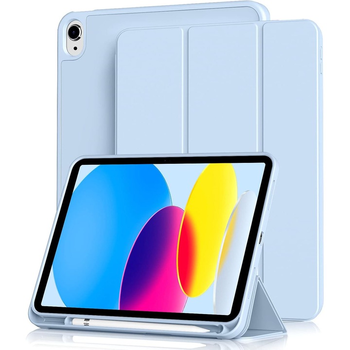 Tablet védőtok, kompatibilis iPad (A16) 11. generációs 11 hüvelykes, 2025-ös és iPad 10. generációs 10.9 hüvelykes, 2022-es készülékkel, intelligens tok háromrészes állvánnyal, tolltartóval, ultravékony, puha TPU hátlap, Ice Blue