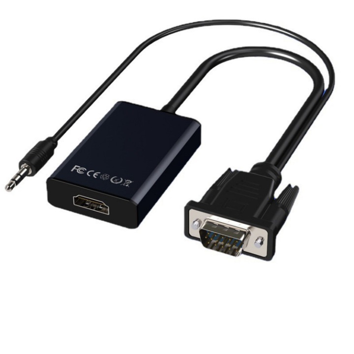 Cablu video, VGA la HDMI, 3.5mm audio, 0.15m, negru