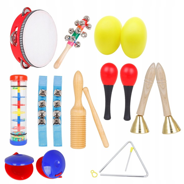 Set Instrumente muzicale, 10 piese, 3 ani, Culoare multicolor, Setul include: tambur, zornaitoare, castaniete, tamburina, clopot, maracas, clopot de mana, triunghi, Lemn