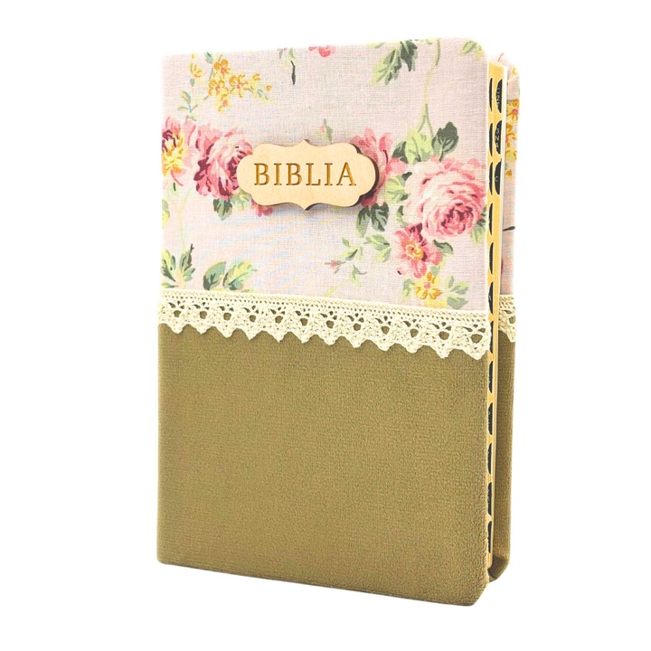 Biblia handmade, model floral, format mediu, margini aurii, index, coperta roz/maro, Editura Isaharus