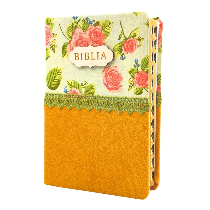 Biblia handmade, model floral, format mediu, margini aurii, index, coperta galbena, Editura Isaharus