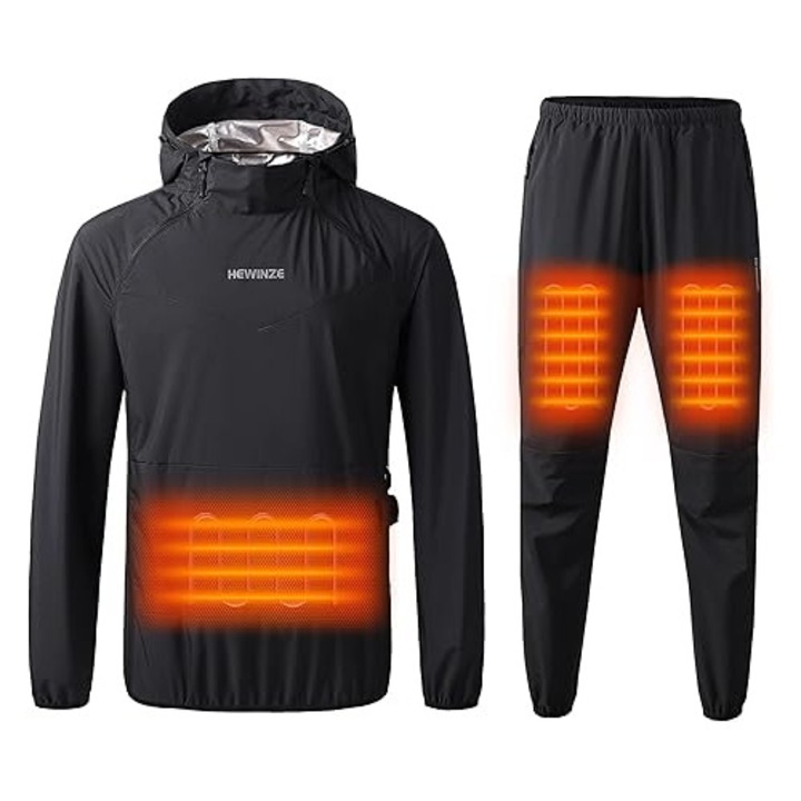 Costum sauna incalzit HEWINZE, geaca si pantaloni, cu baterie externa, Negru, marimea 3XL