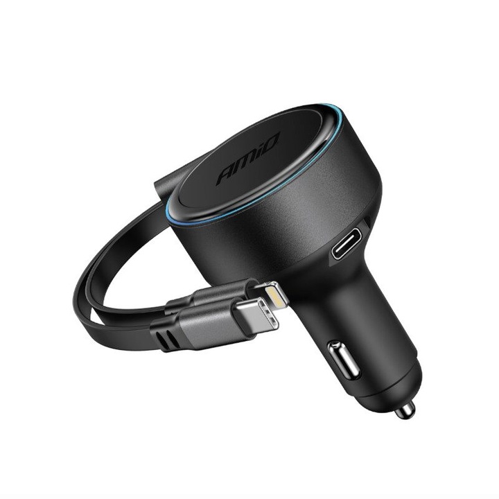 Autós töltő 1xUSB Type C, visszahúzható iPhone és USB-C kábellel, 12-24V, 60W, 04370 Amio