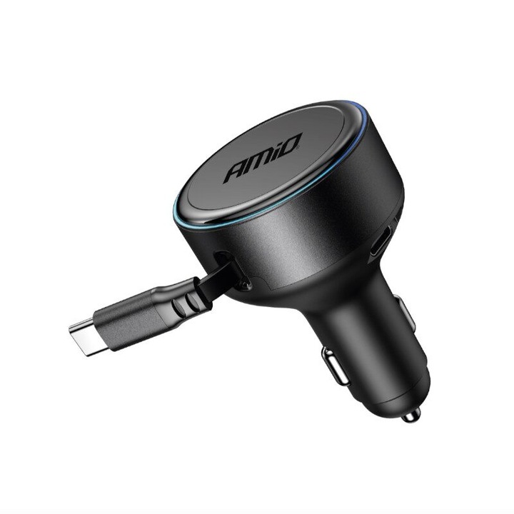 Autós töltő 1xUSB C típusú, visszahúzható USB-C kábellel, 12-24V, 60W, 04368 Amio