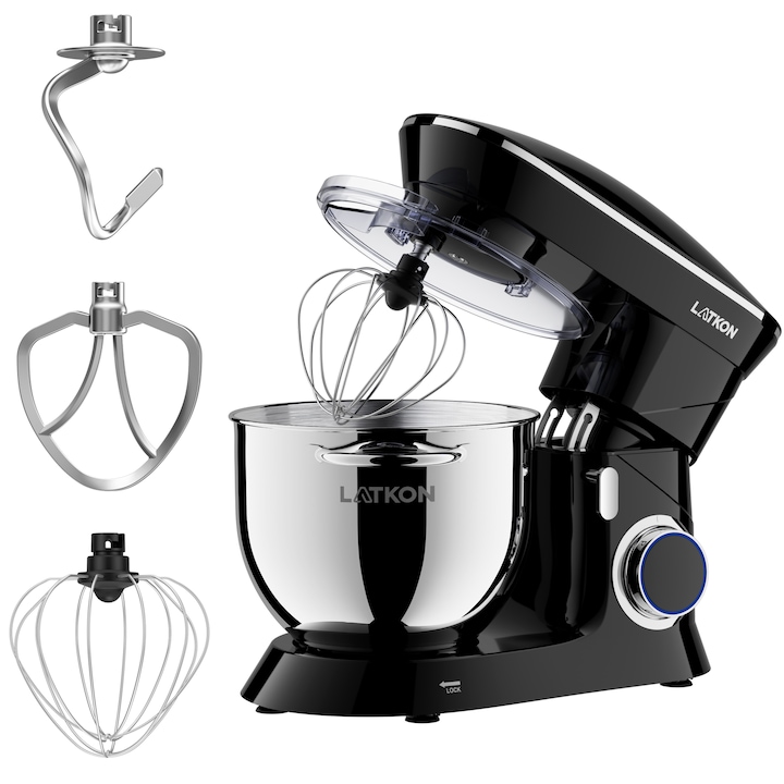 Mixer cu bol din inox Latkon® LTK-1500, 1500W, 6 Viteze, Functie Pulse, Miscare eliptica, Bol de 7L din Inox, Tel, Paleta si Carlig, Negru/Inox