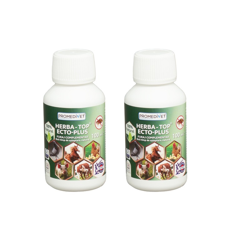 Pachet HERBA-TOP ECTO-PLUS concentrat natural, utilizat in apa de baut, care contine extracte de plante medicinale care au proprietati in infestatii cu pureci si paduchi la toate speciile de animale, reducand stresul colectiv la pasari, 2x100ml