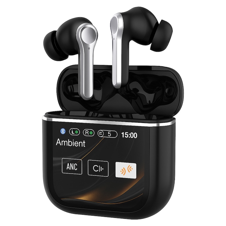 Casti audio bluetooth 5.0 inteligent touchscreen AI Traducere vocala two-way timp real 144 limbi, Casti wireless afisare HD cu anularea zgomotului control tactil type C rezistent la apa carcasa incarcare Casti telefon fara fir muzica android