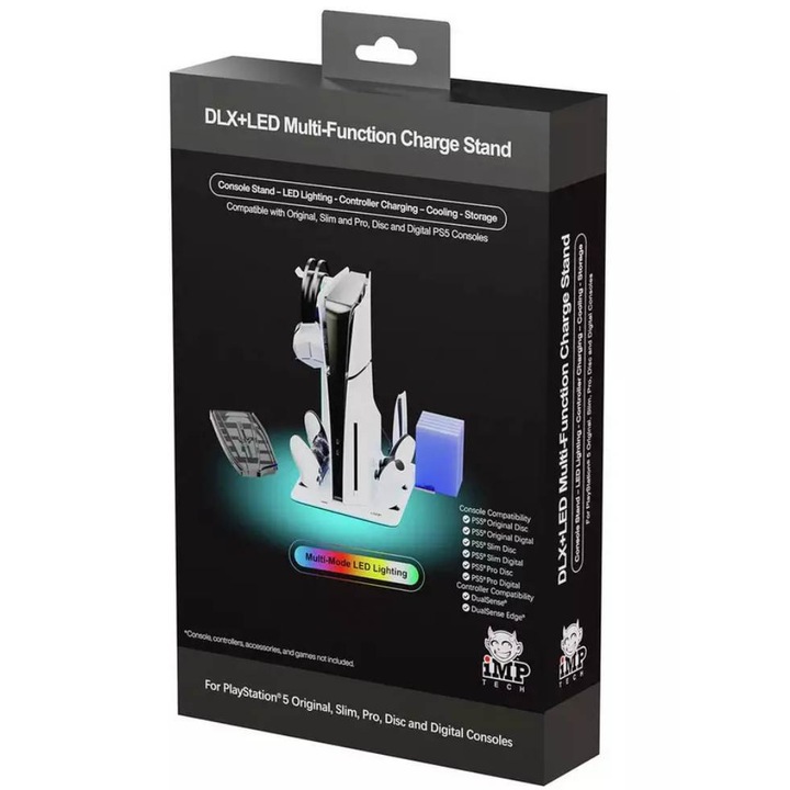 Suport multifunctional de încărcare și răcire DLX+LED pentru PlayStation 5, gri, dimensiuni compacte