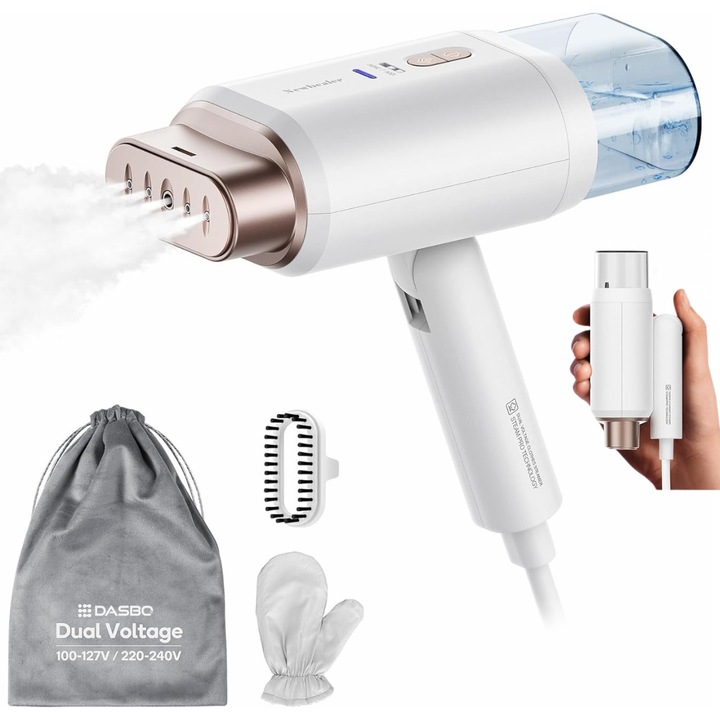 Fier de calcat cu abur pentru haine, Aparat de calcat Portabil, Ideal pentru calatorii, Dasbo®, 1200 W cu abur orizontal si vertical, Rezervor 180ml, Incalzire Rapida 20s, 2 Niveluri de Abur, Functie Autocuratare, Maner Rabatabil, Tensiune Duala 100-240V